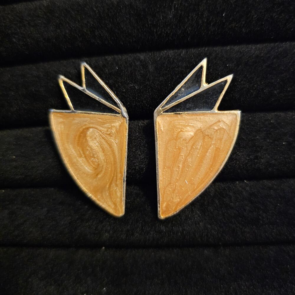 Vintage Art Deco Earrings Gold Black Enamel Modernist Geometric Retro Revival